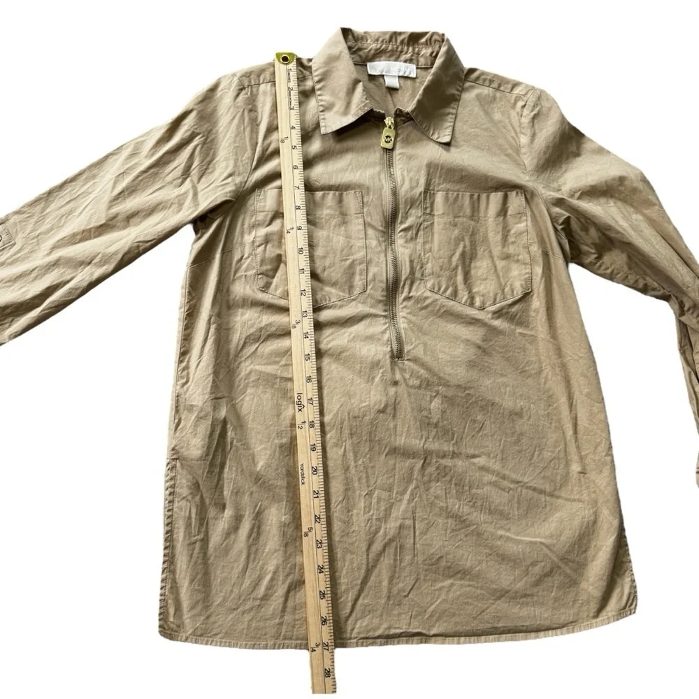 Women's Michael Kors Tan Khaki Half Zip-Up Shirt, Size Medium, Button Sleeves